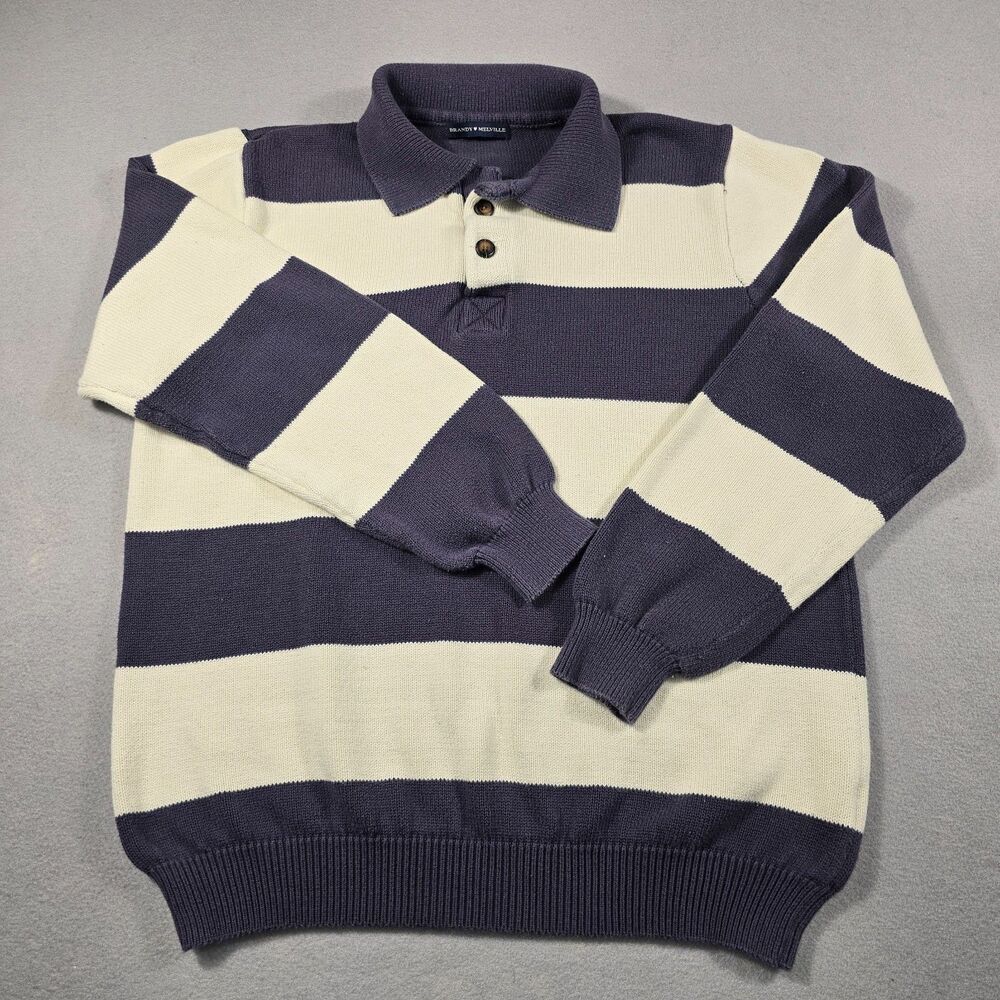 Brandy Melville Men's Large Navy Cream Striped Rugby Polo Sweater 100% Cotton